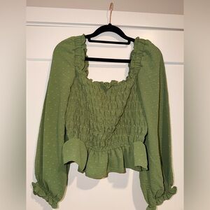 Treasure & Bond Green Smocked Peplum Blouse Long Sleeve Size M